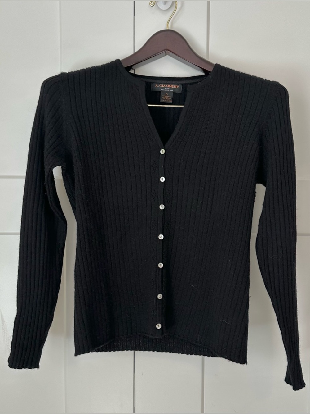 A. Giannetti V Neck Black Ribbed 100% Merino Wool Light Cardigan PL
